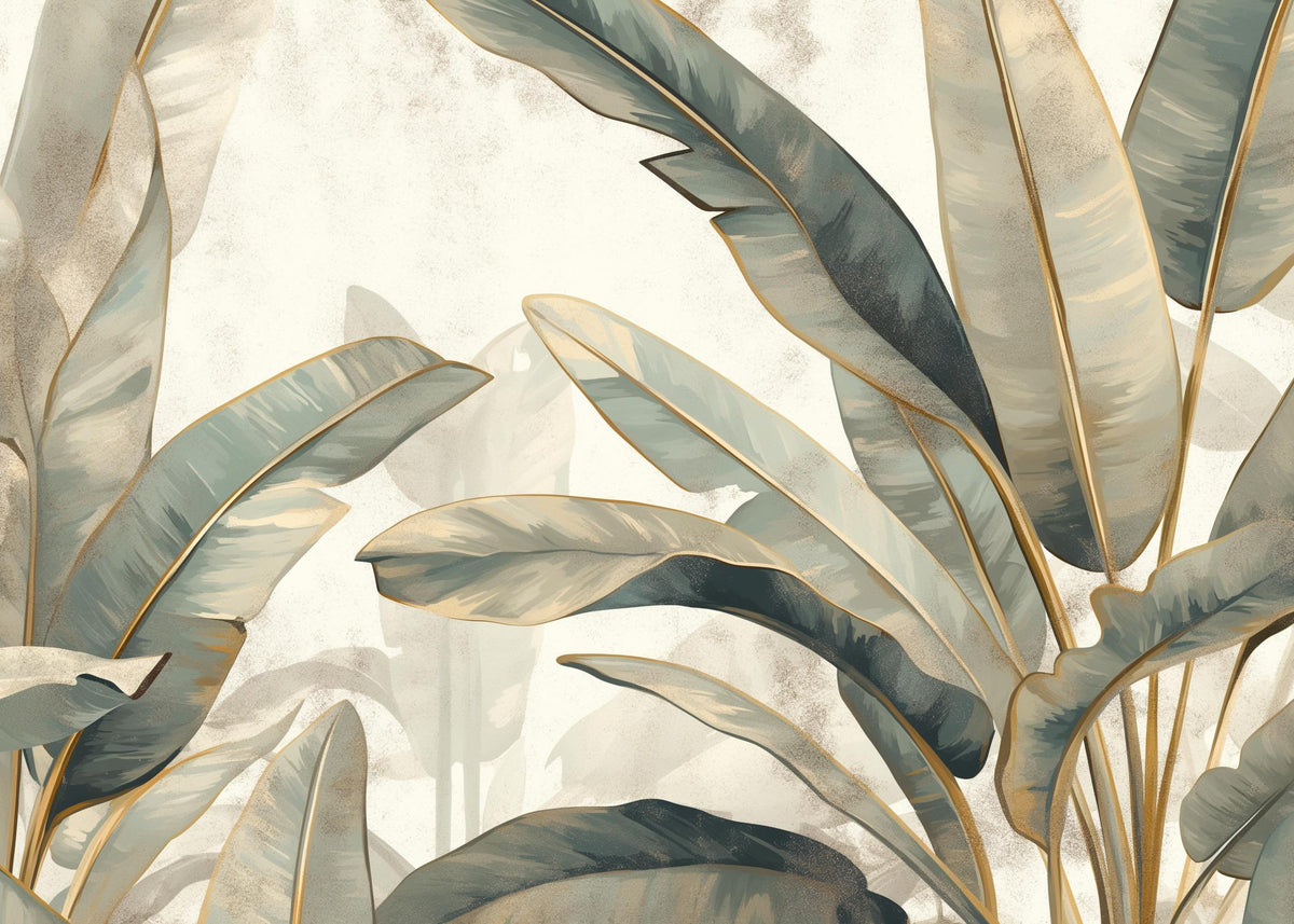 Papier peint feuillage beige vert et or