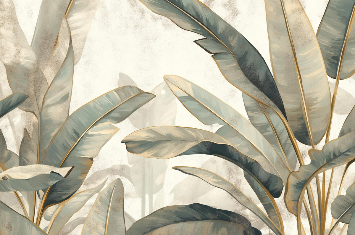 Papier peint feuillage beige vert et or