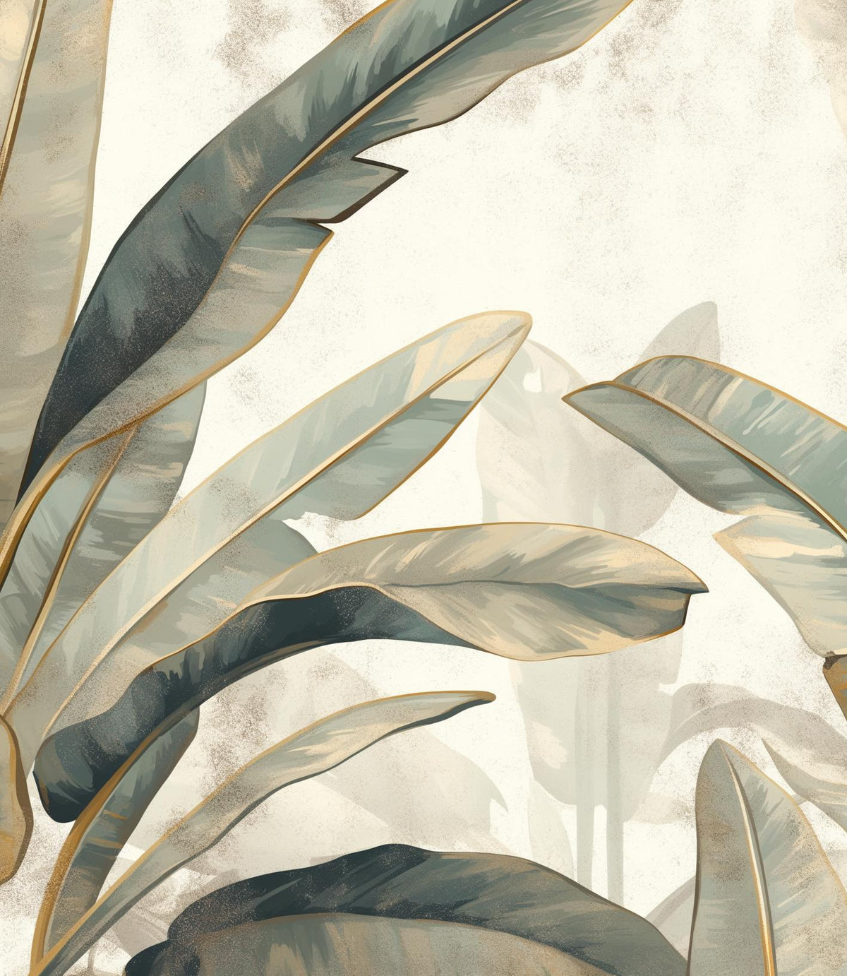 Papier peint feuillage beige vert et or