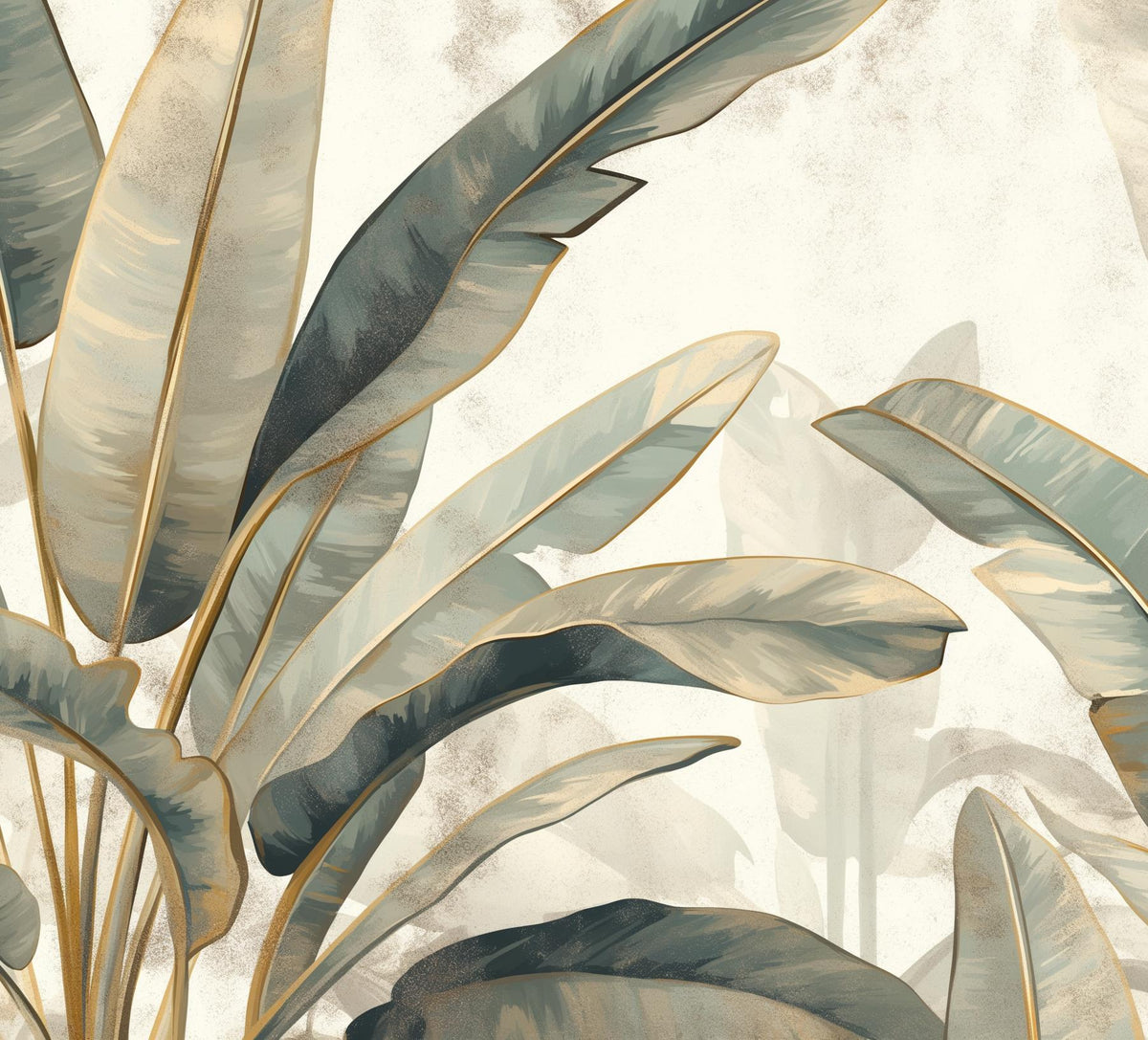 Papier peint feuillage beige vert et or