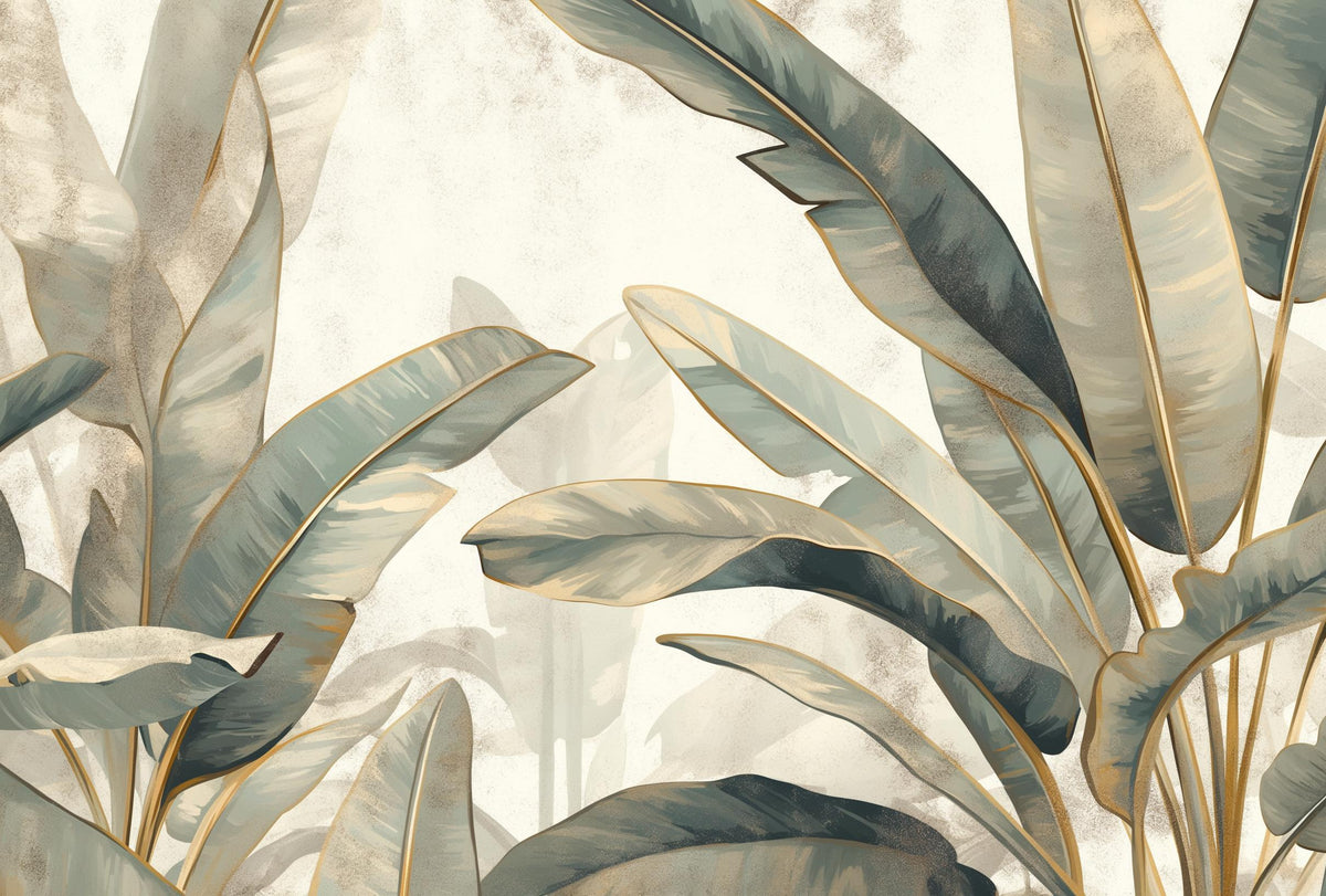 Papier peint feuillage beige vert et or
