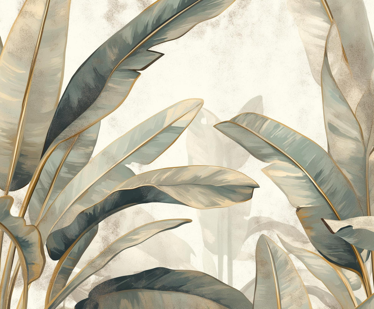 Papier peint feuillage beige vert et or