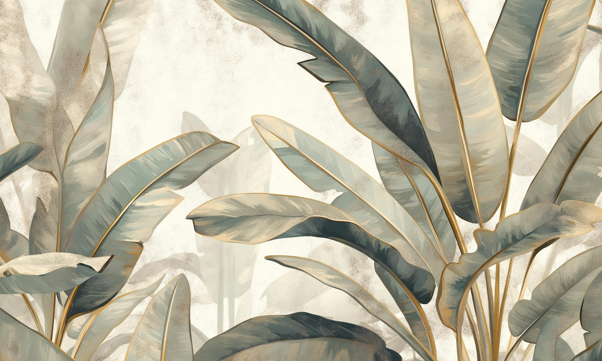 Papier peint feuillage beige vert et or