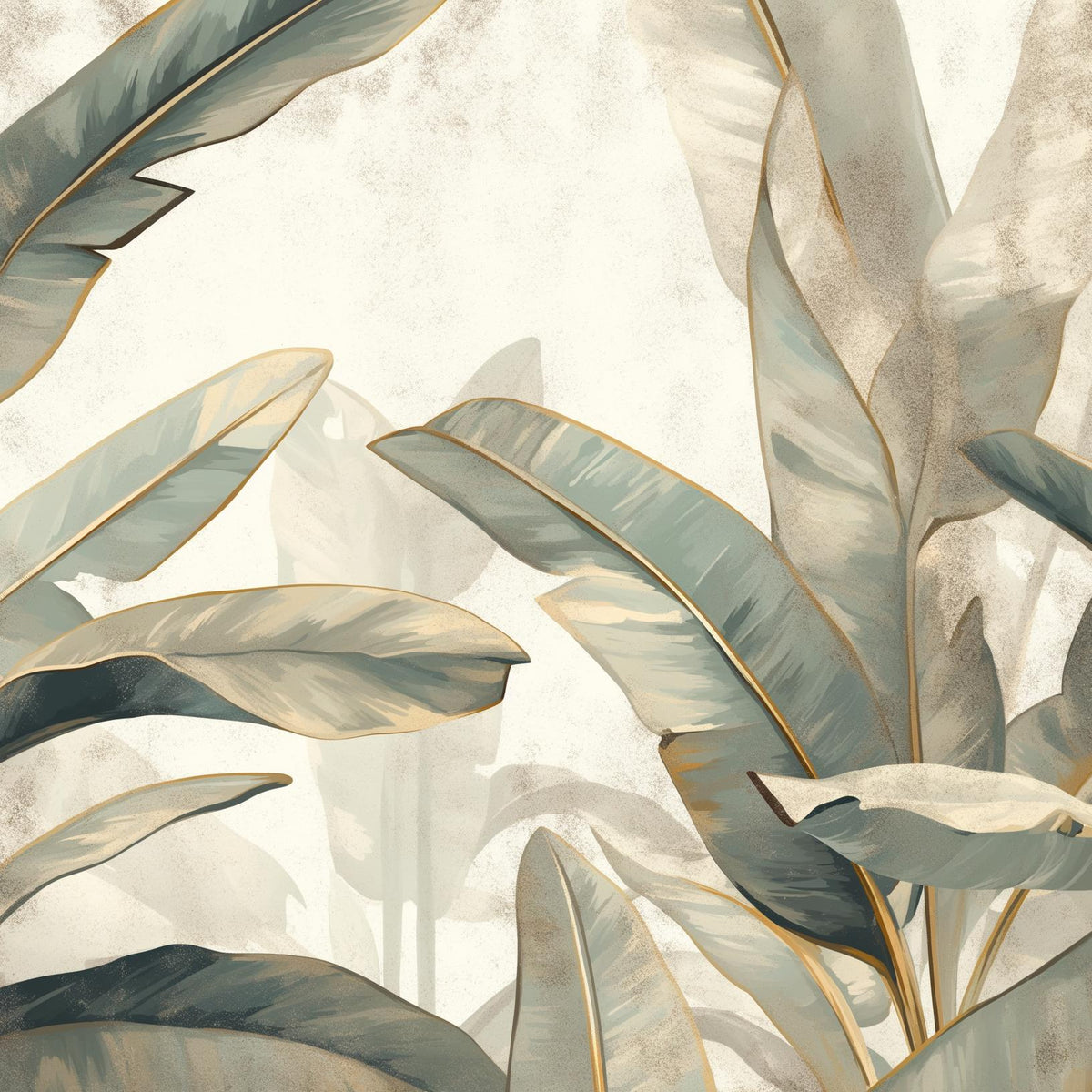 Papier peint feuillage beige vert et or