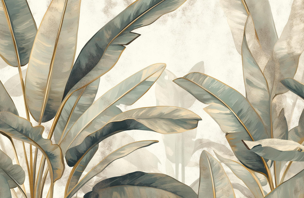 Papier peint feuillage beige vert et or
