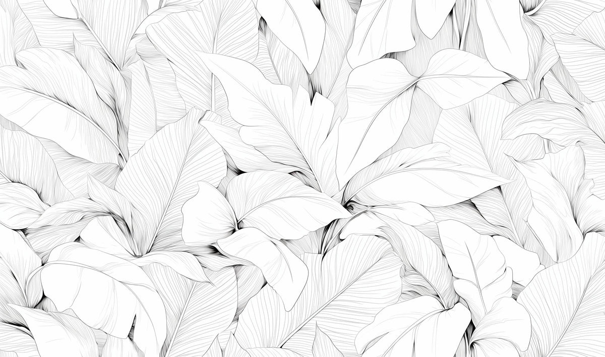 Papier peint feuillage noir et blanc dessin crayon