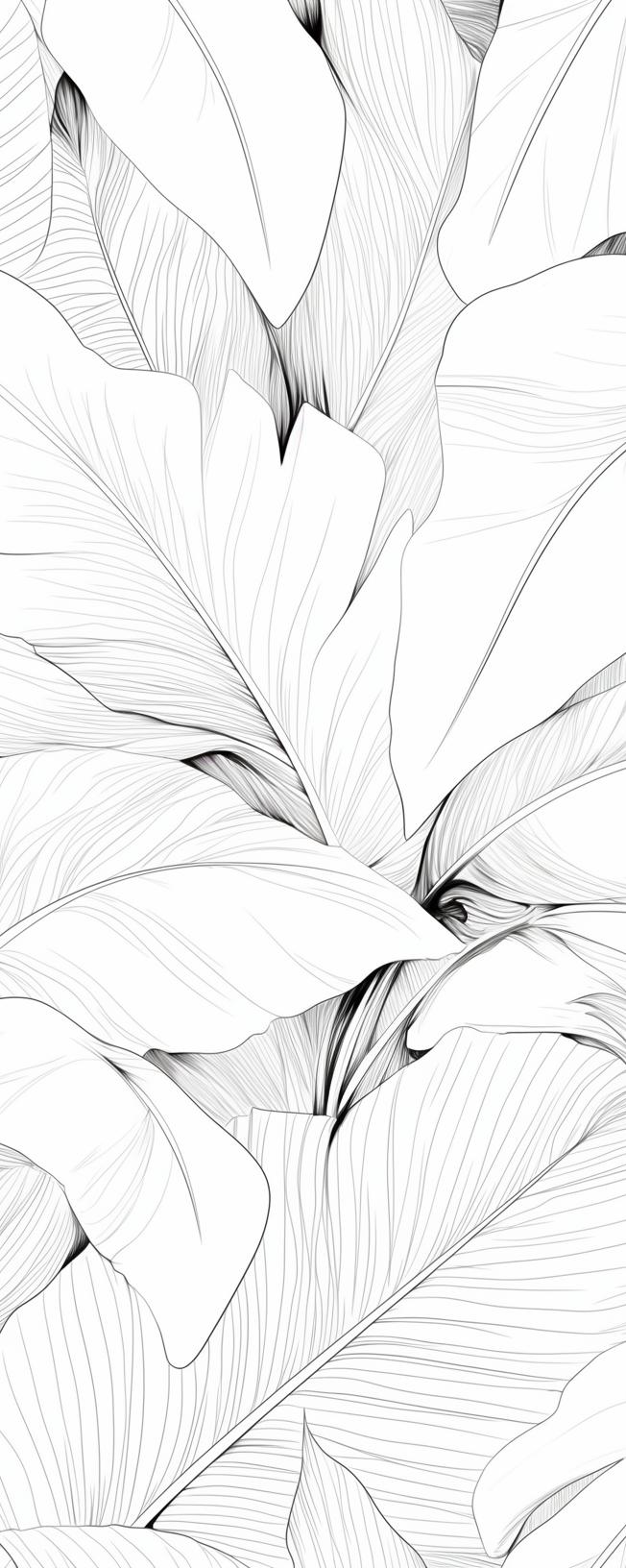 Papier peint feuillage noir et blanc dessin crayon