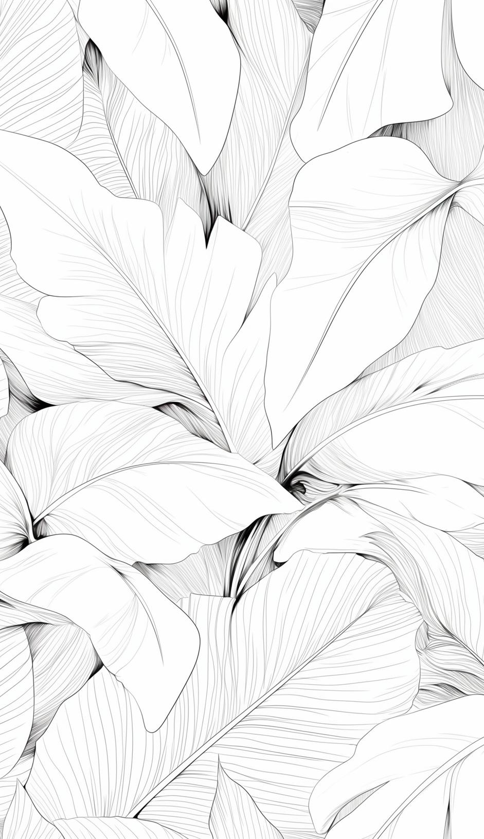 Papier peint feuillage noir et blanc dessin crayon