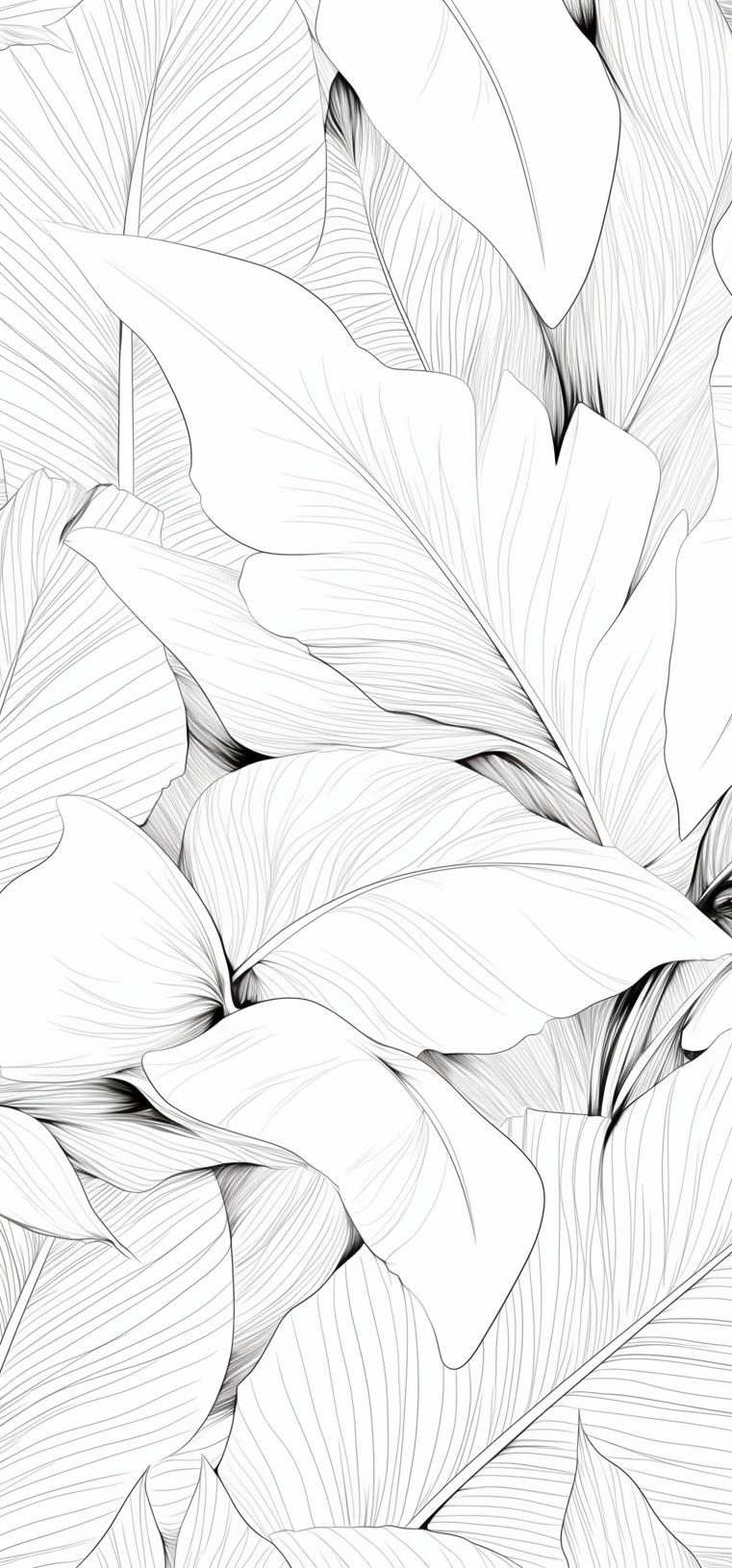 Papier peint feuillage noir et blanc dessin crayon