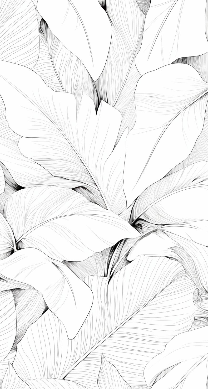 Papier peint feuillage noir et blanc dessin crayon