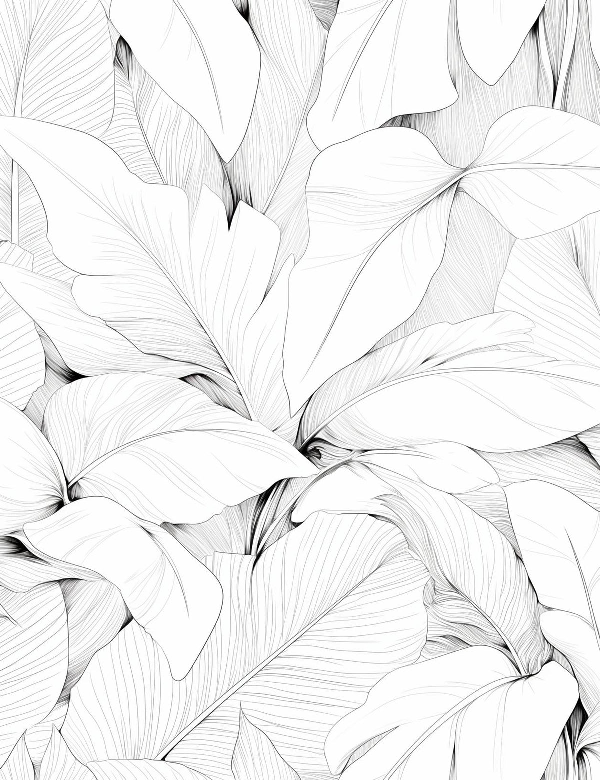 Papier peint feuillage noir et blanc dessin crayon