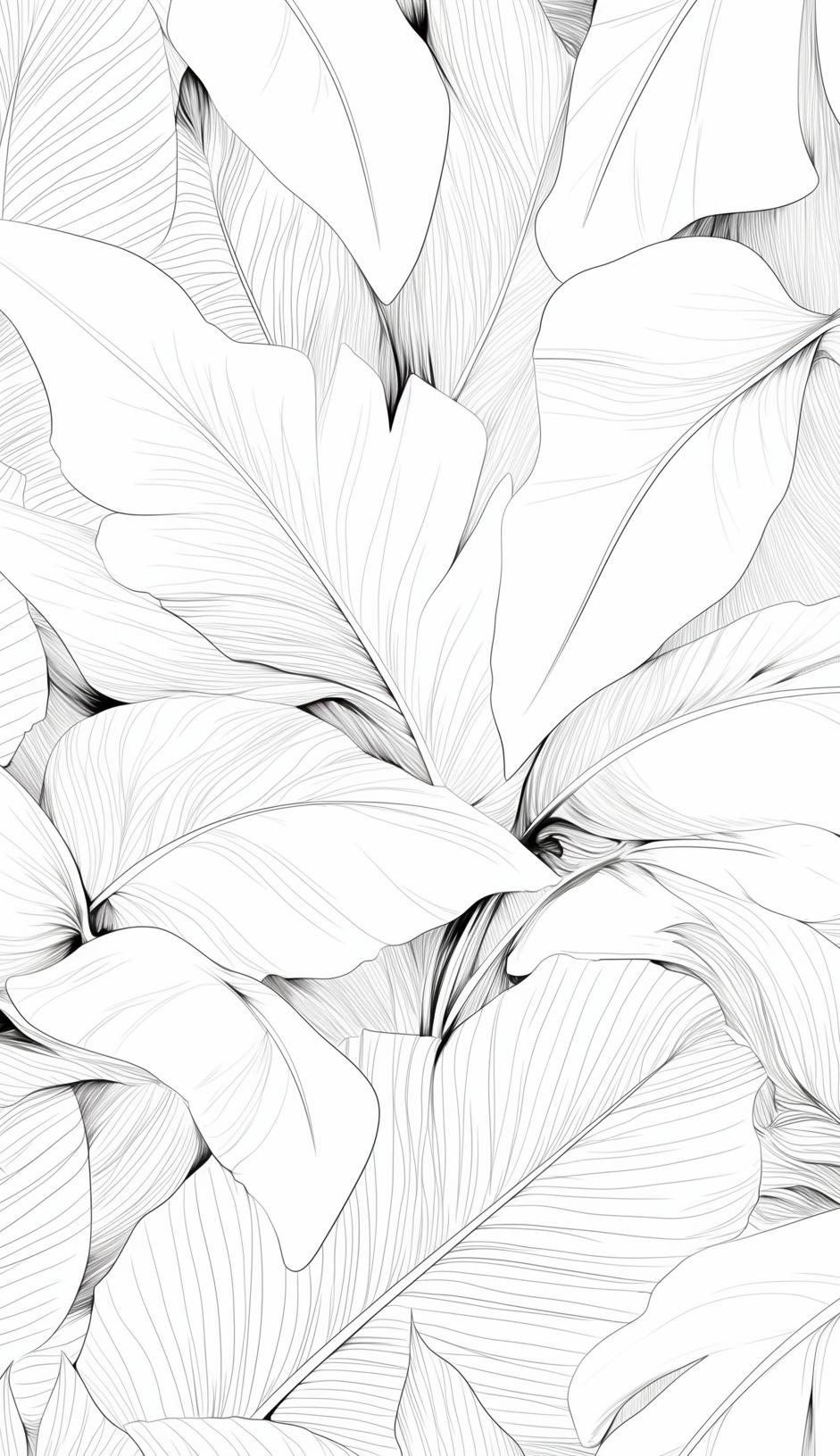 Papier peint feuillage noir et blanc dessin crayon