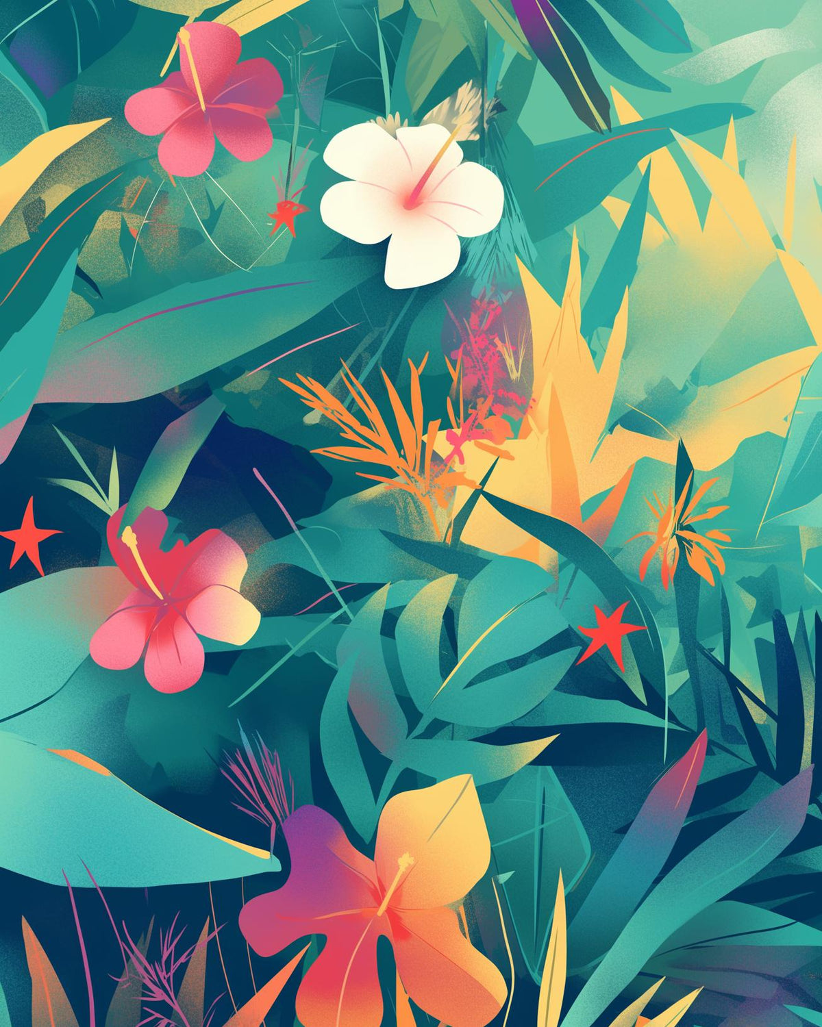 Papier peint feuillage tropical multicolore