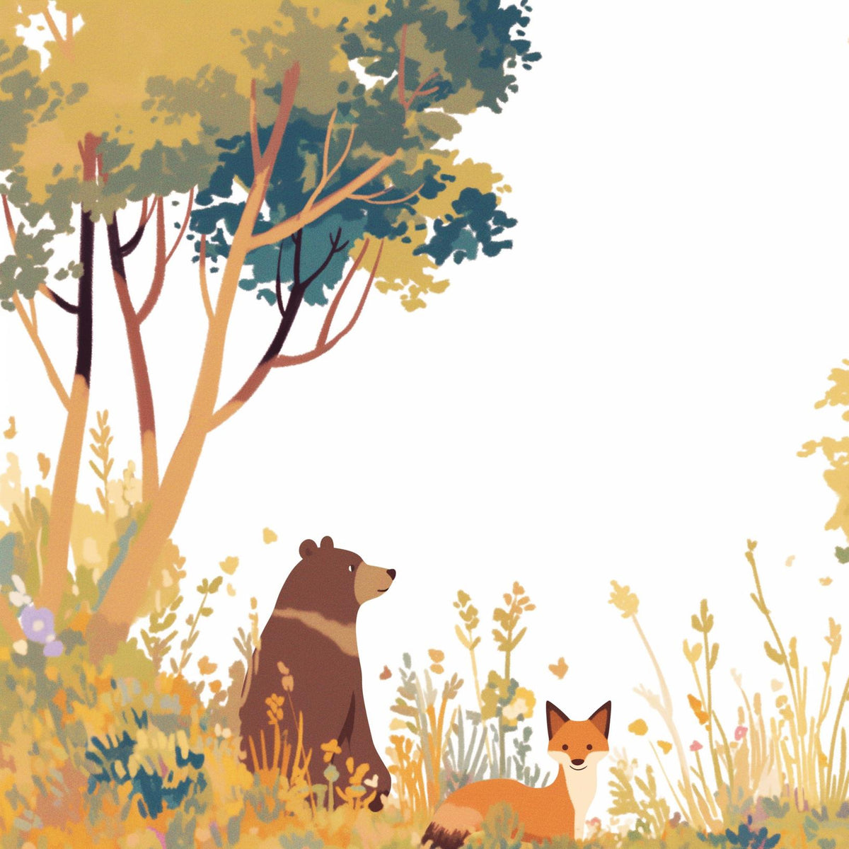 Papier peint forêt ours et renard enfant