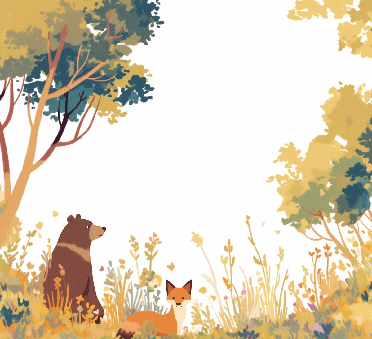 Papier peint forêt ours et renard enfant