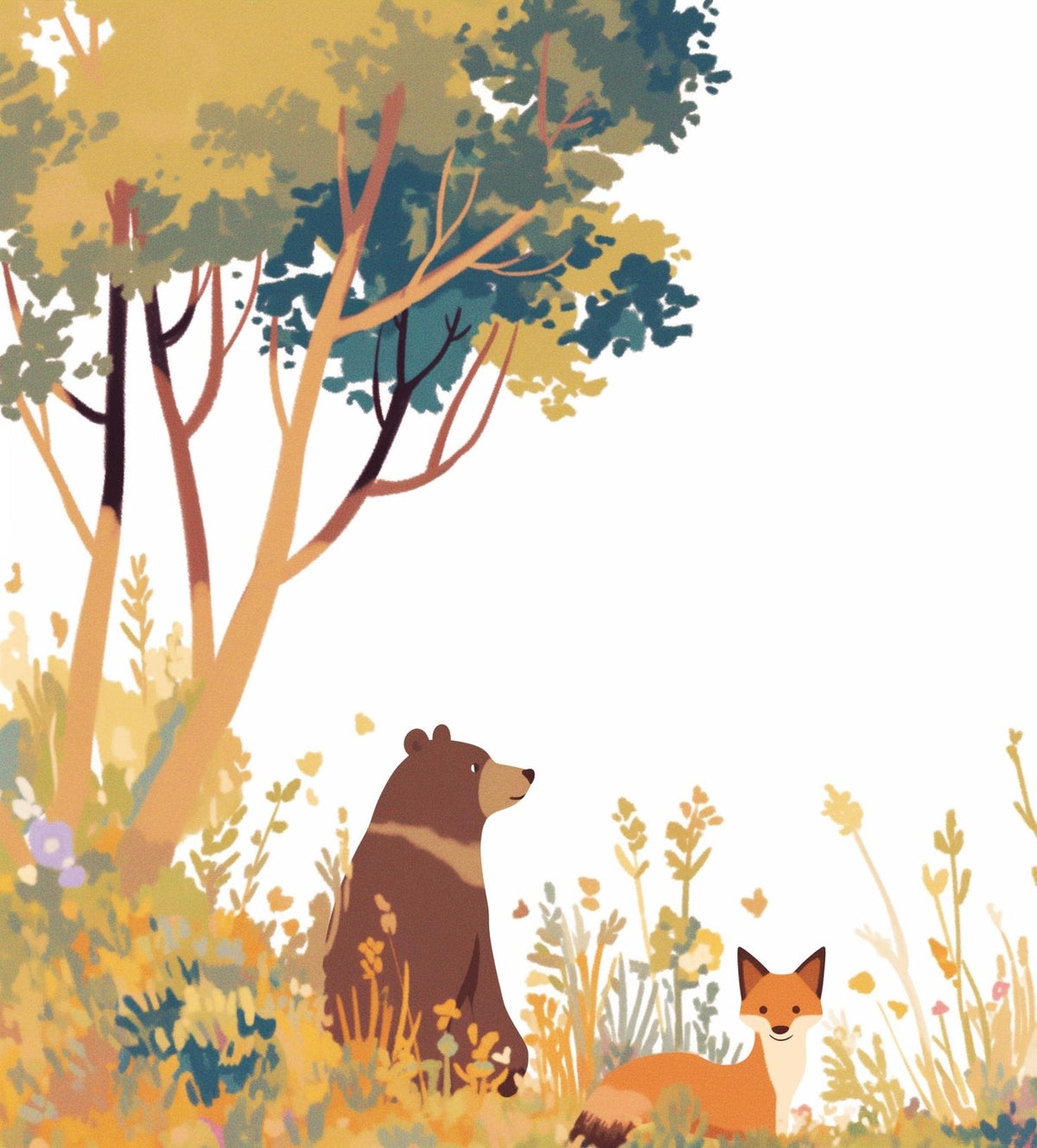Papier peint forêt ours et renard enfant