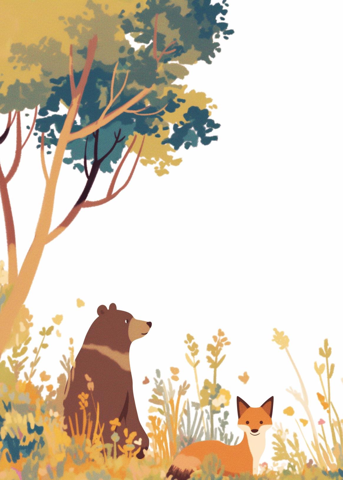 Papier peint forêt ours et renard enfant
