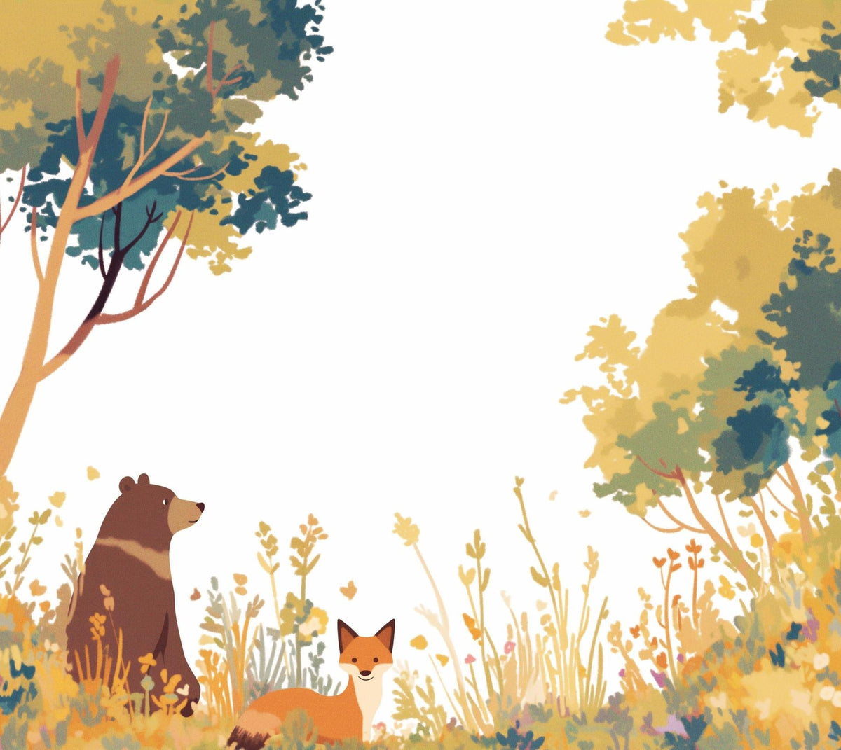 Papier peint forêt ours et renard enfant