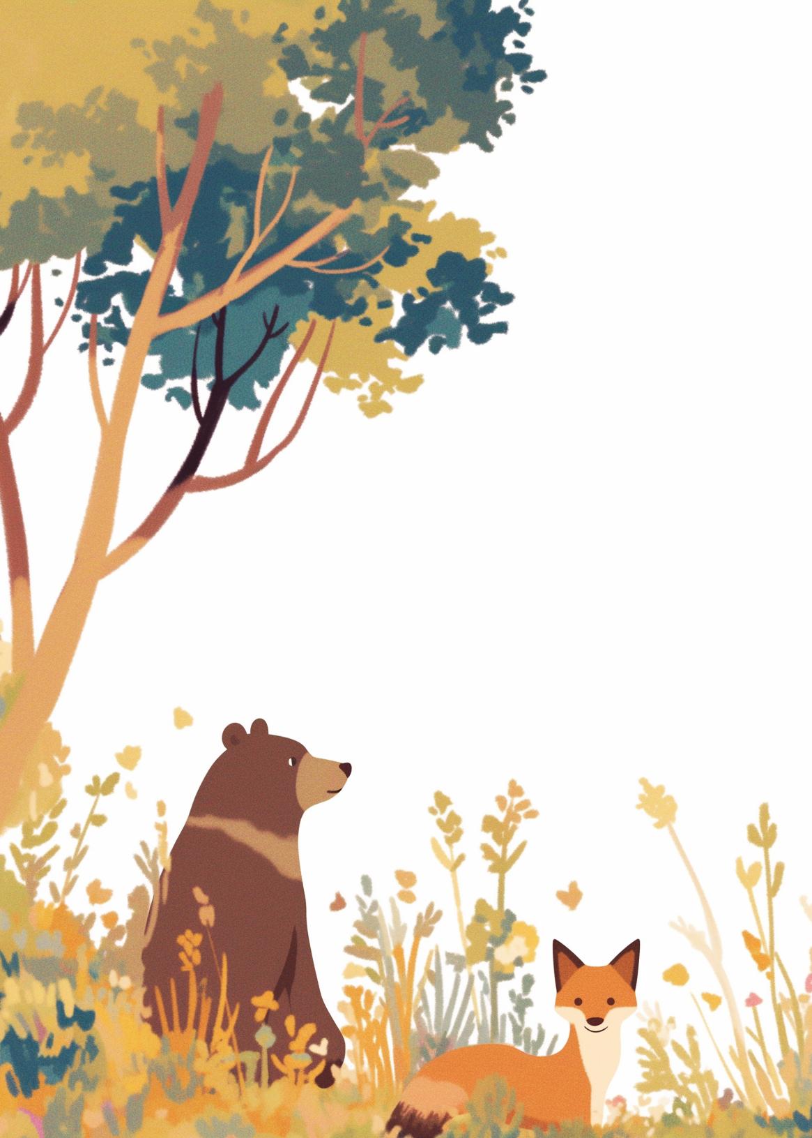 Papier peint forêt ours et renard enfant