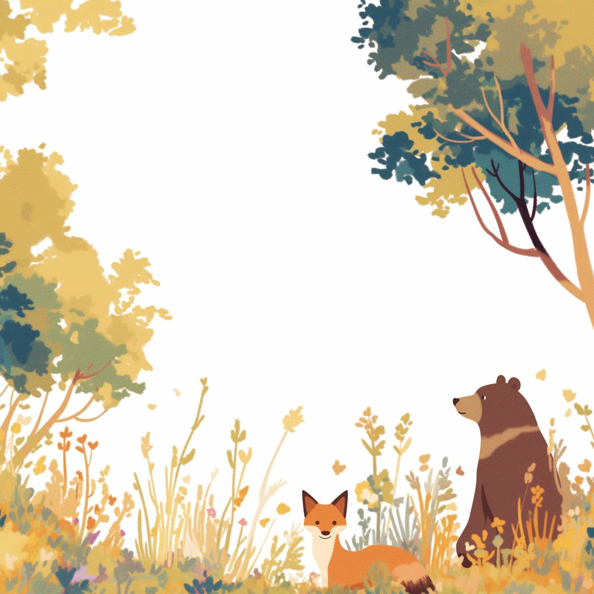 Papier peint forêt ours et renard enfant