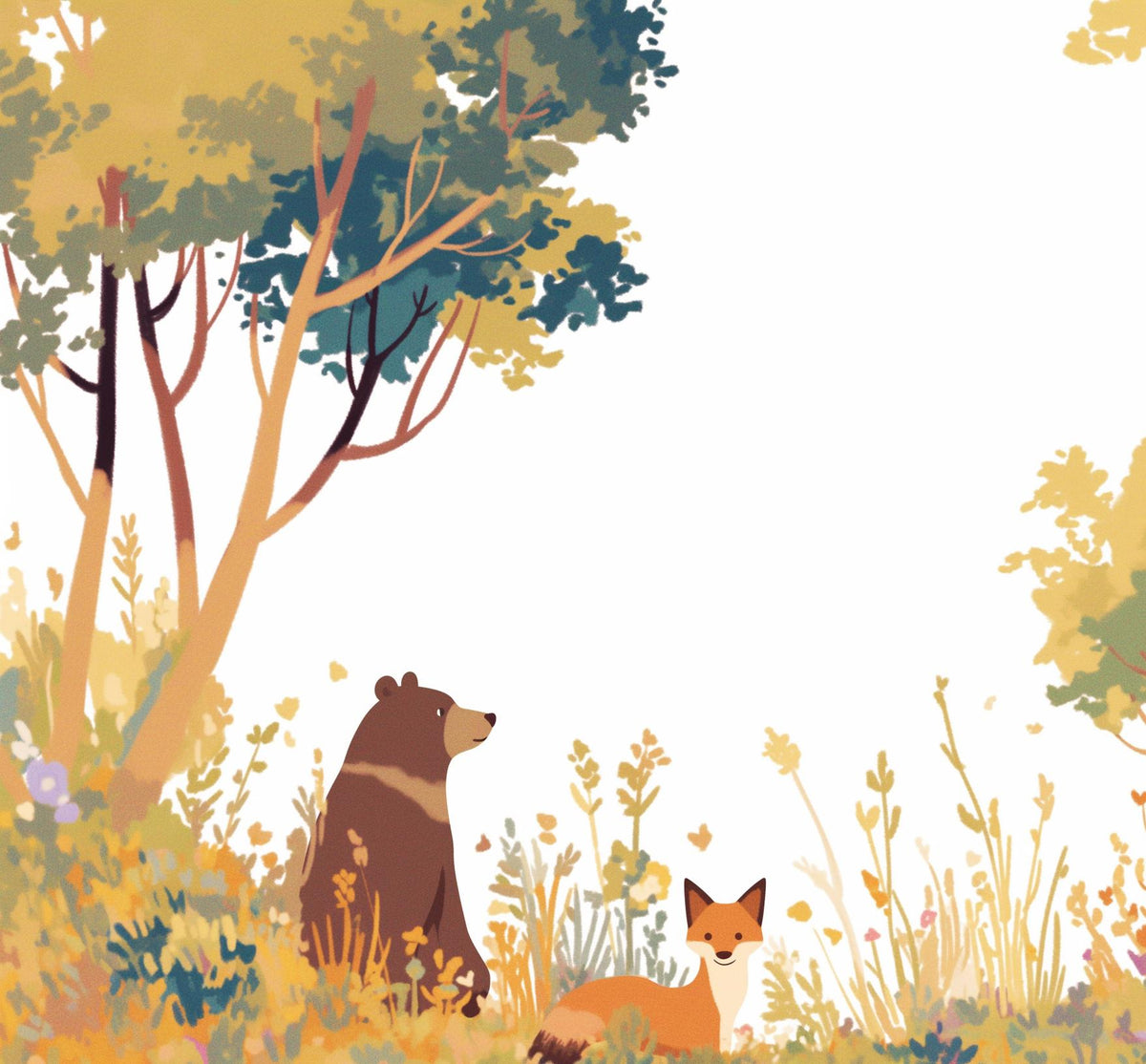 Papier peint forêt ours et renard enfant