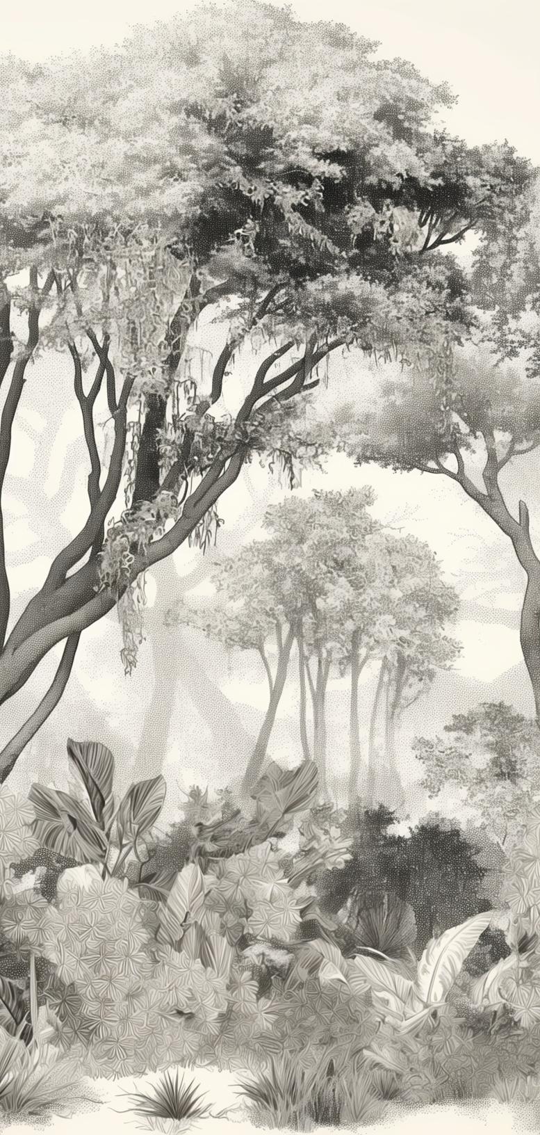 Papier peint éléphant forêt noir et blanc