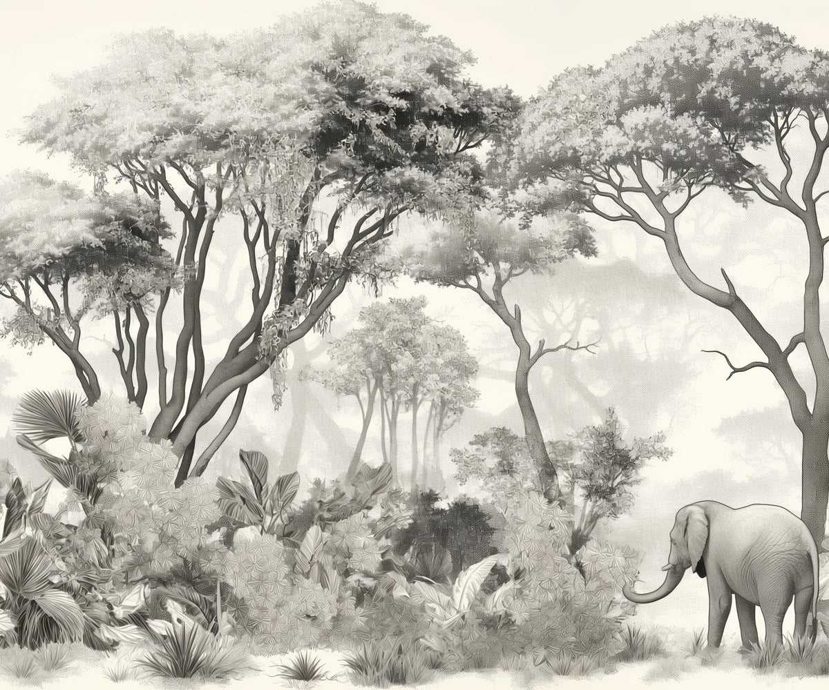 Papier peint éléphant forêt noir et blanc