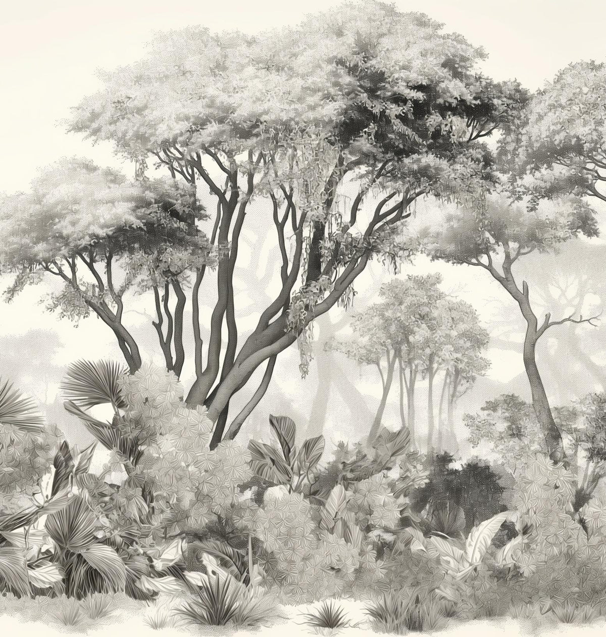 Papier peint éléphant forêt noir et blanc