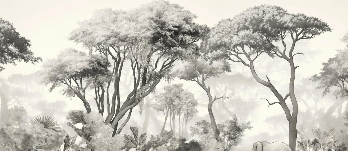 Papier peint éléphant forêt noir et blanc
