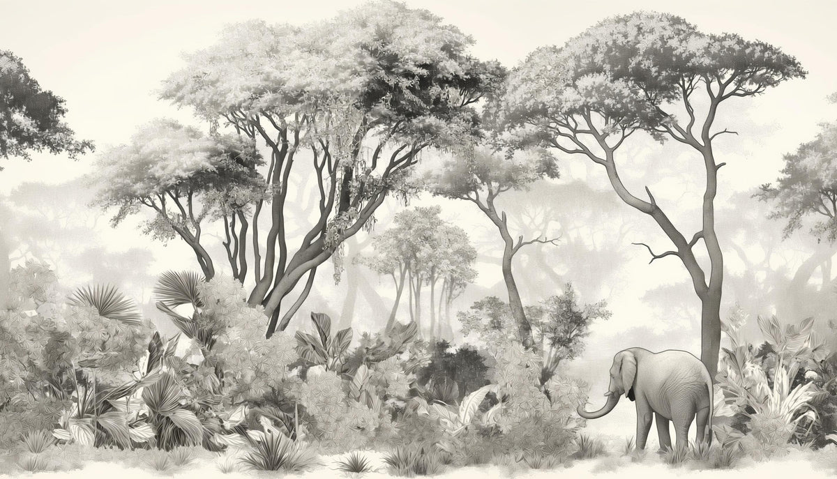 Papier peint éléphant forêt noir et blanc