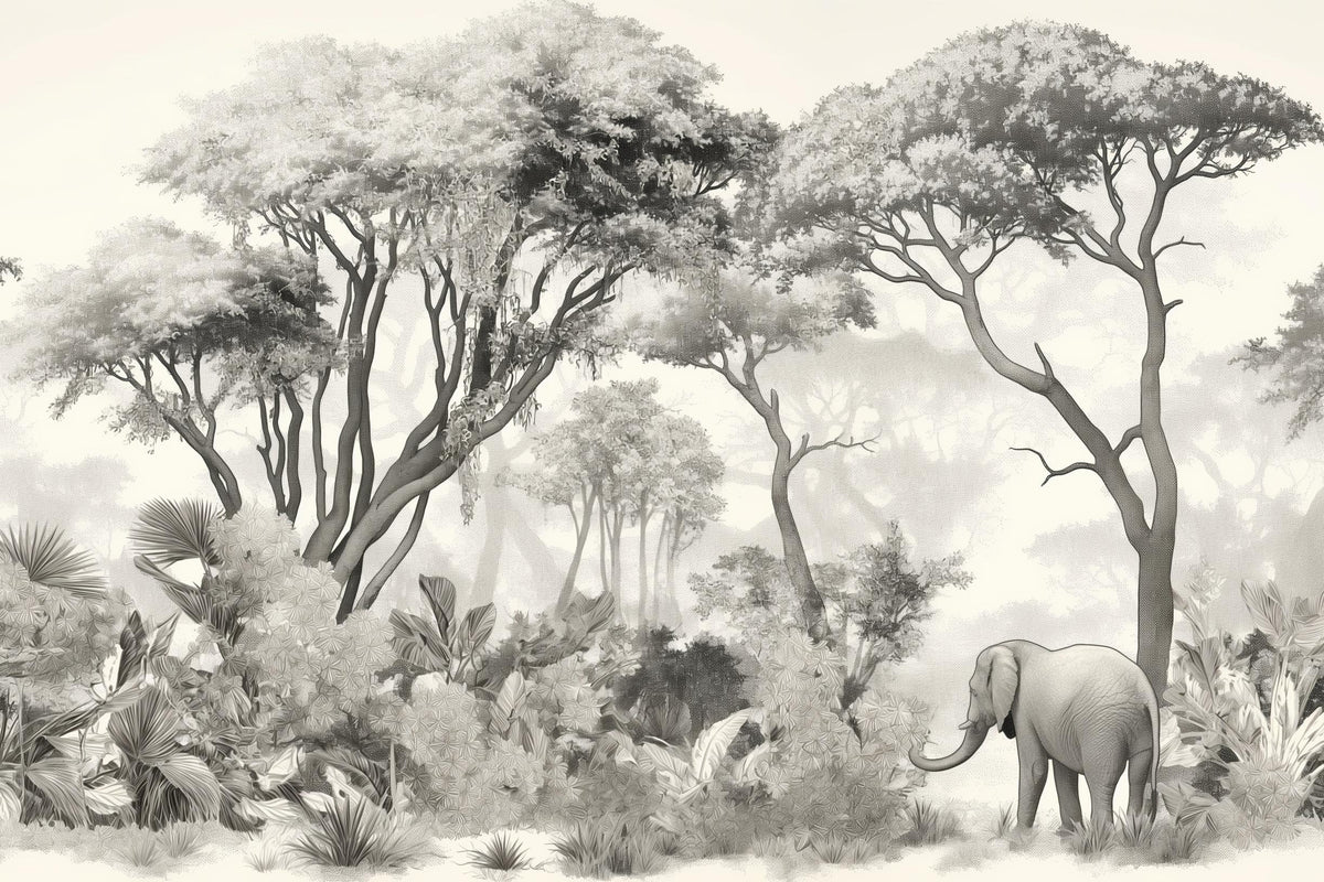 Papier peint éléphant forêt noir et blanc