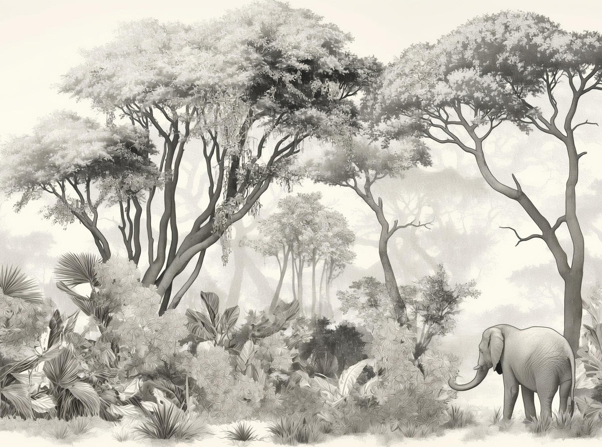 Papier peint éléphant forêt noir et blanc