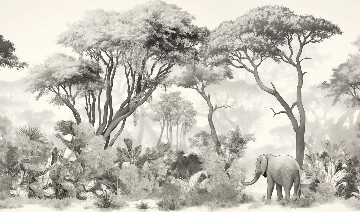 Papier peint éléphant forêt noir et blanc
