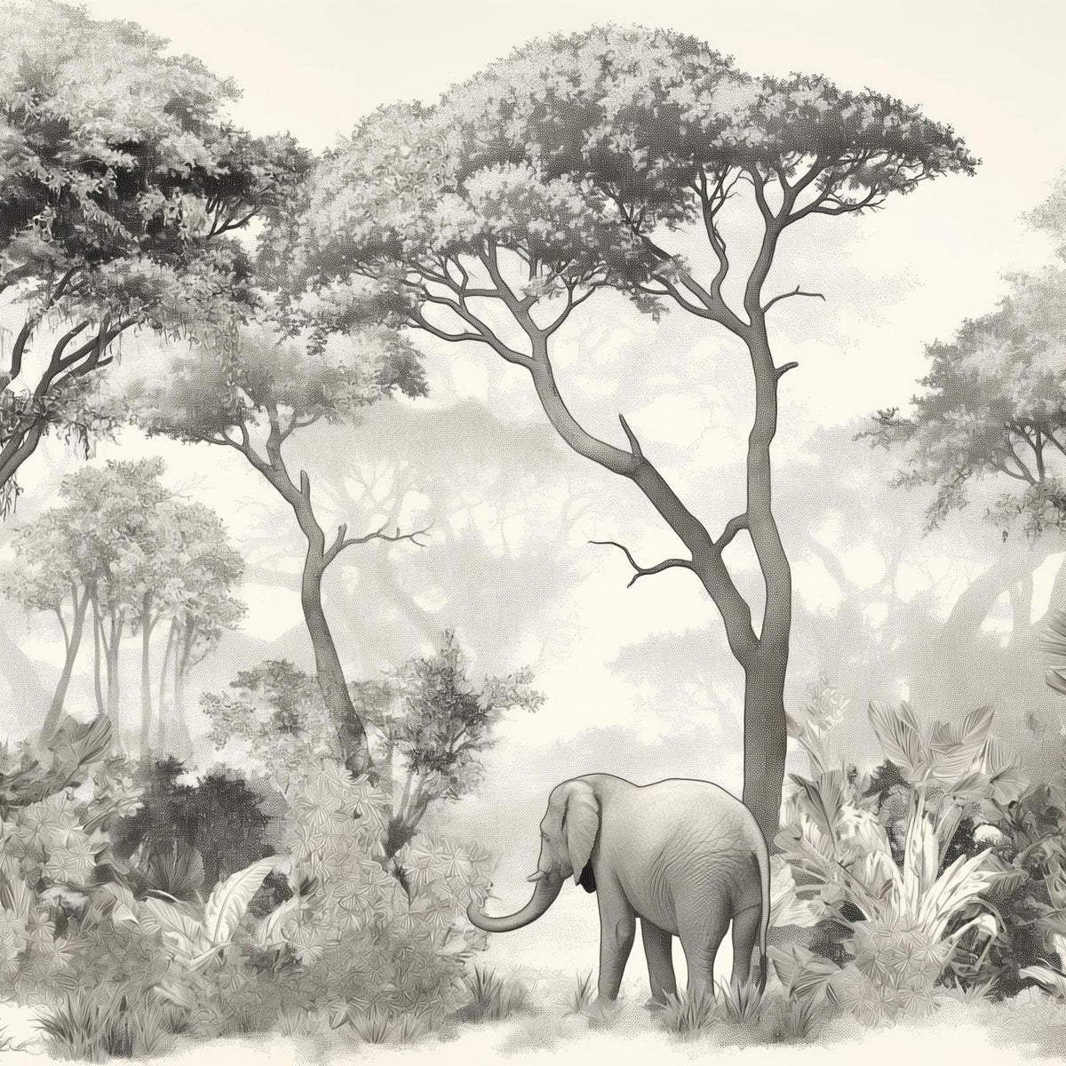 Papier peint éléphant forêt noir et blanc