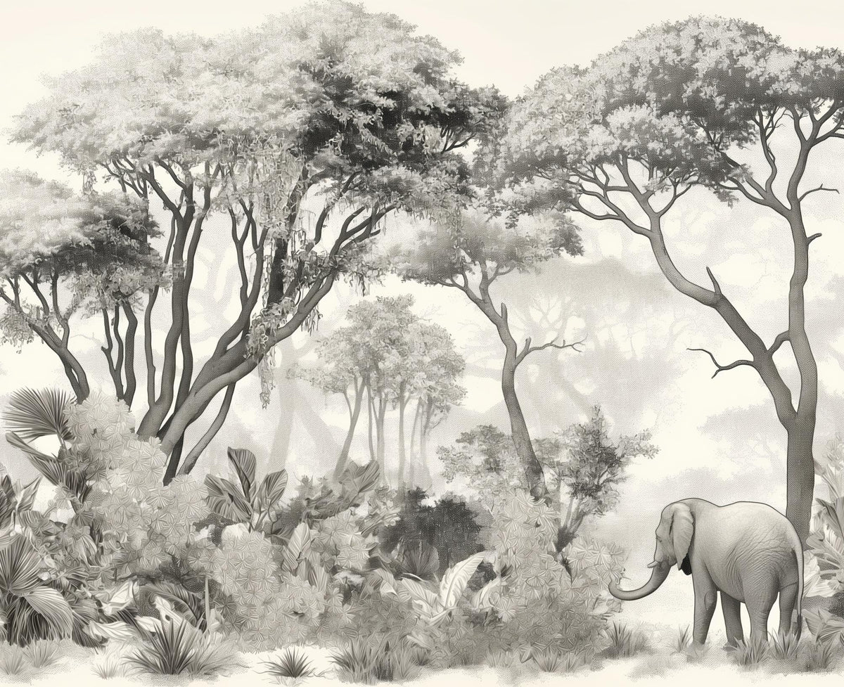 Papier peint éléphant forêt noir et blanc