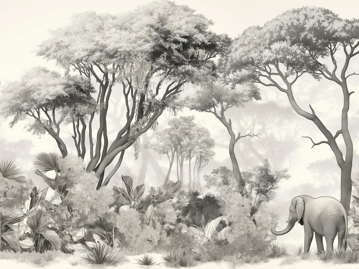 Papier peint éléphant forêt noir et blanc