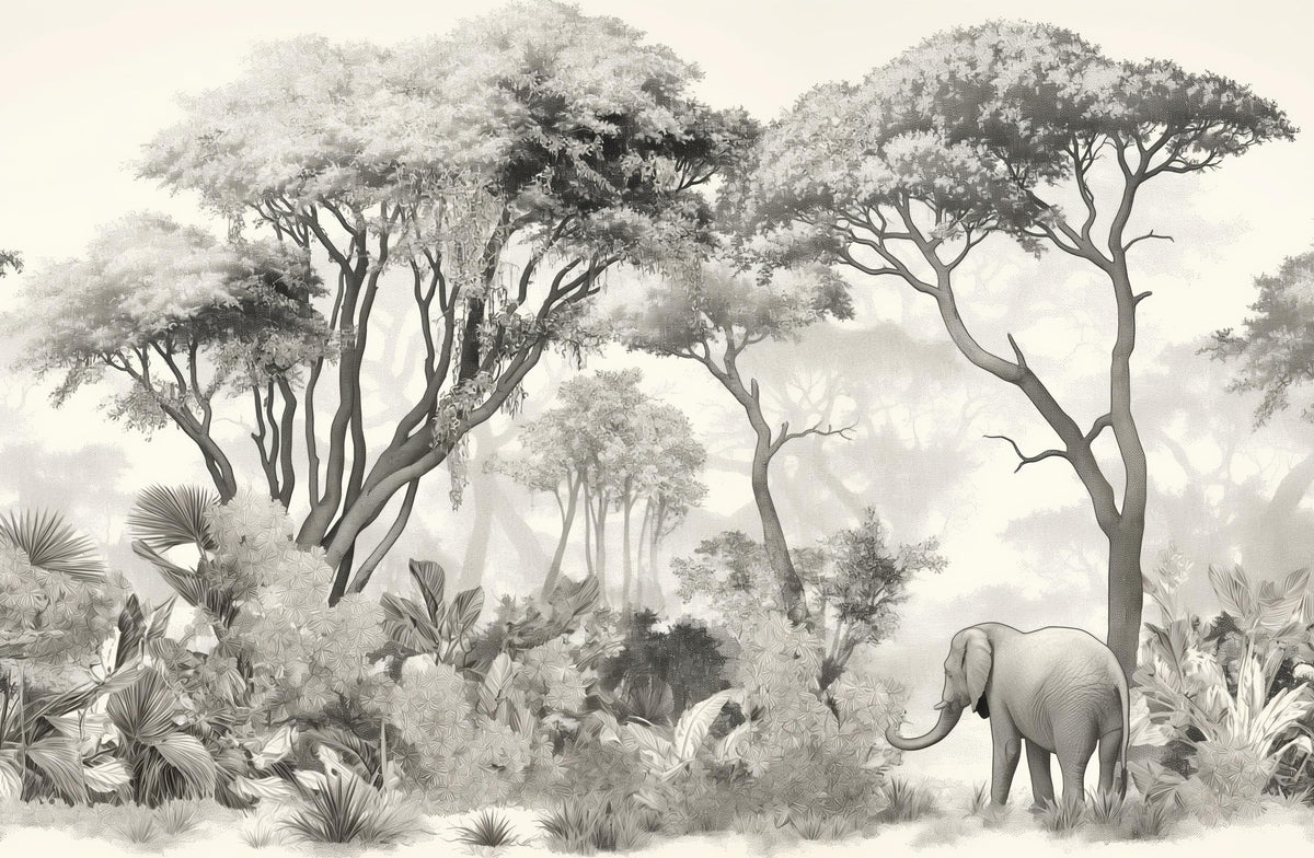 Papier peint éléphant forêt noir et blanc
