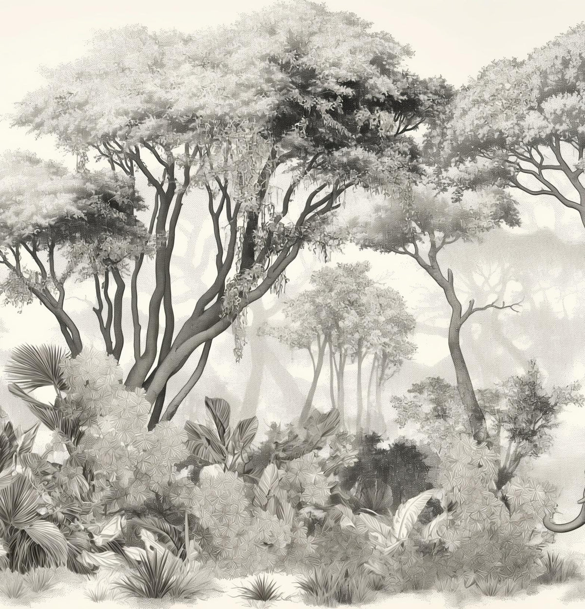 Papier peint éléphant forêt noir et blanc