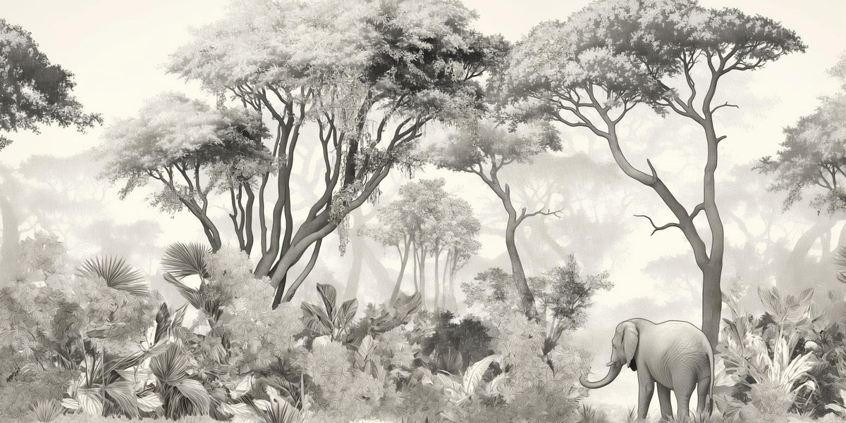 Papier peint éléphant forêt noir et blanc