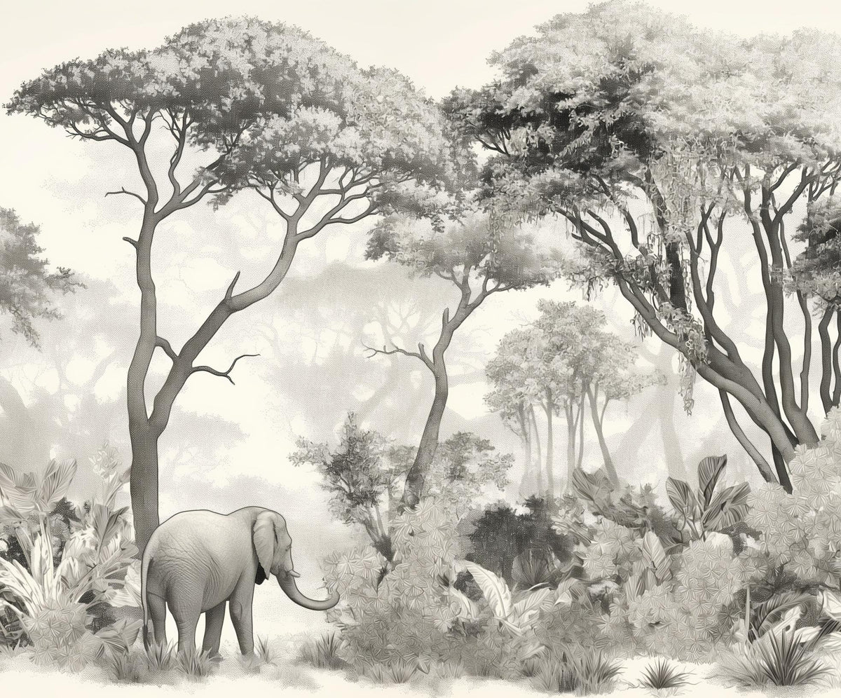Papier peint éléphant forêt noir et blanc