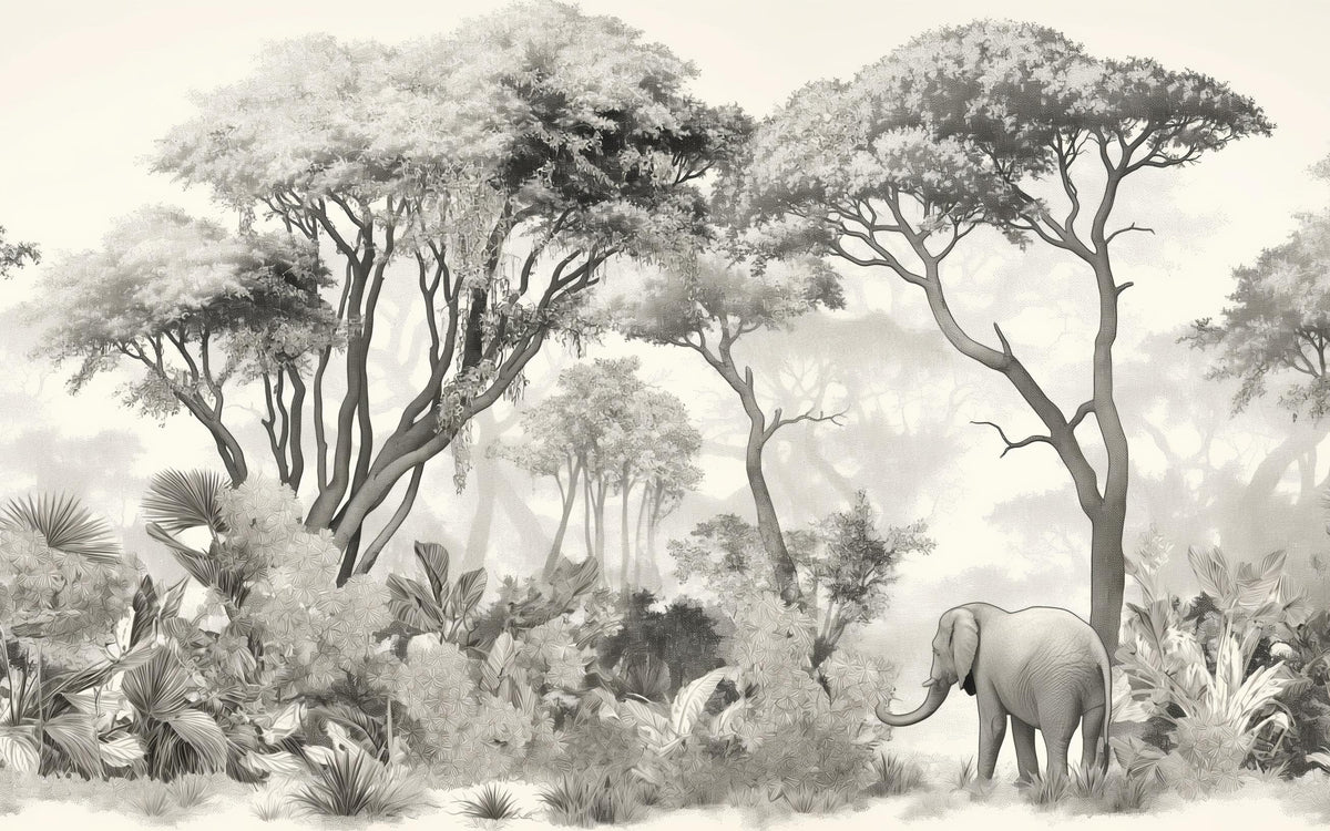 Papier peint éléphant forêt noir et blanc