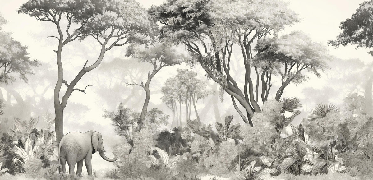 Papier peint éléphant forêt noir et blanc