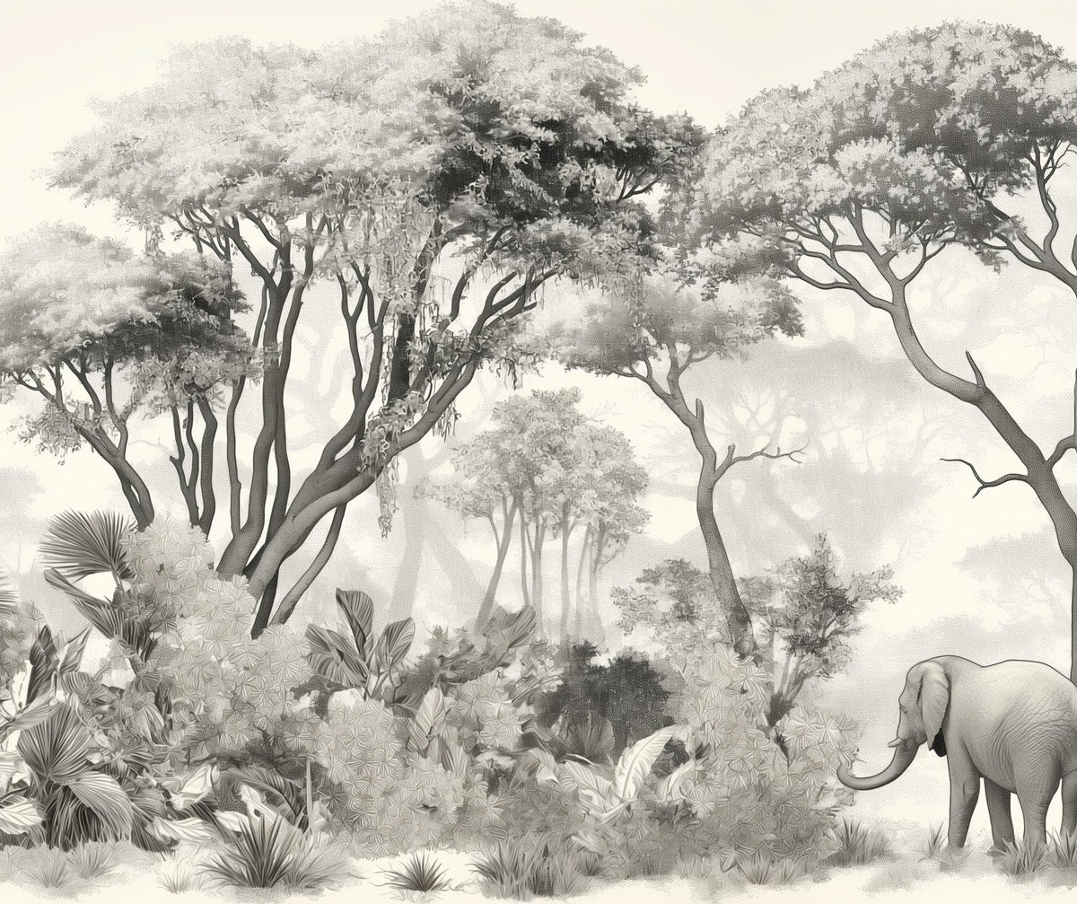 Papier peint éléphant forêt noir et blanc