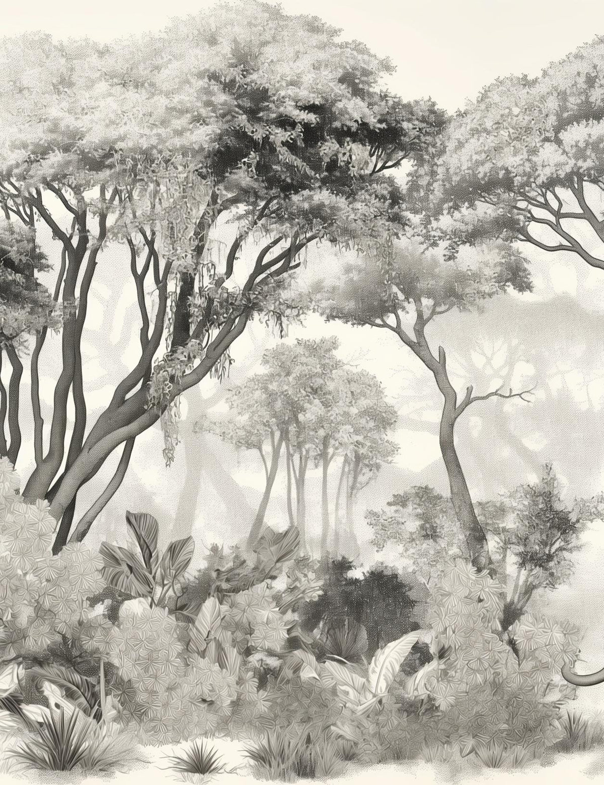 Papier peint éléphant forêt noir et blanc