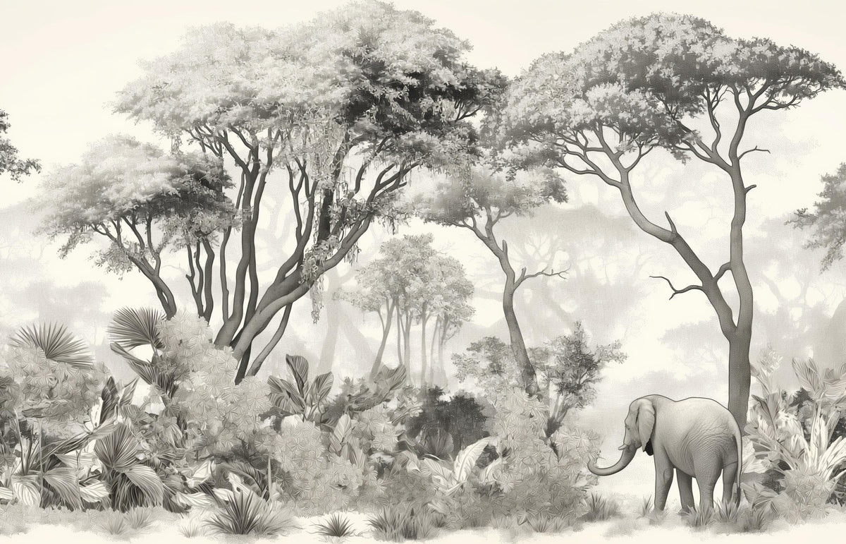 Papier peint éléphant forêt noir et blanc