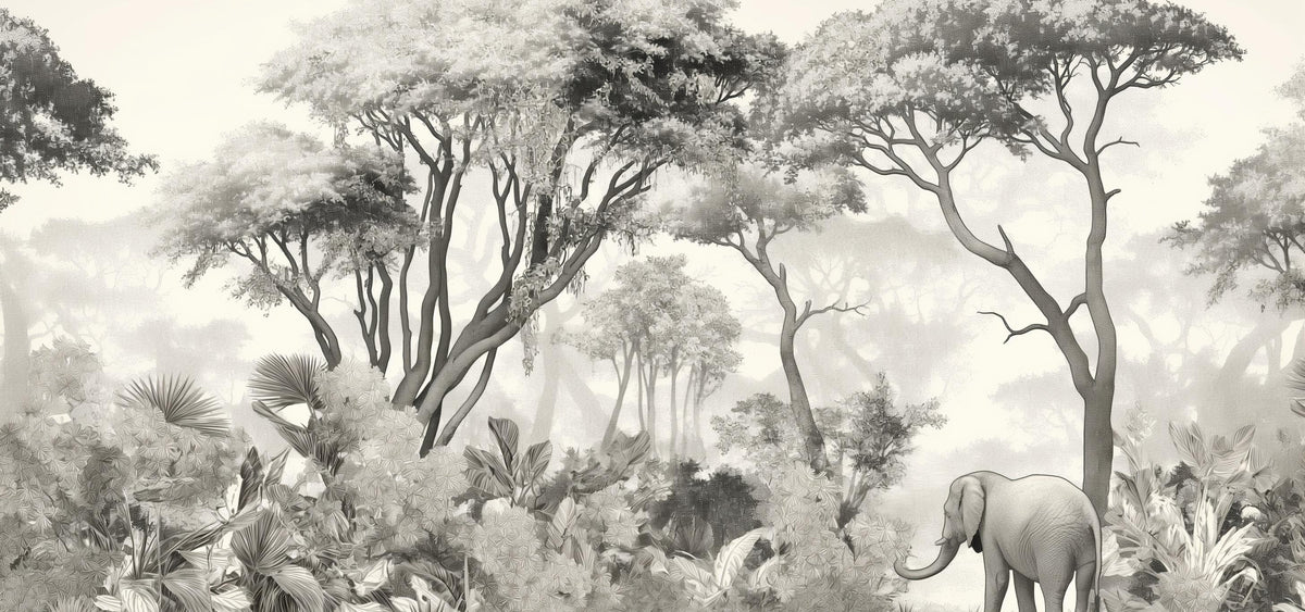 Papier peint éléphant forêt noir et blanc