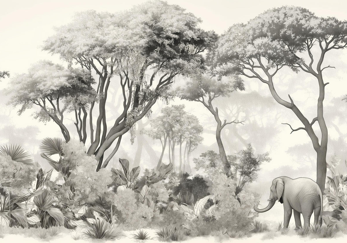 Papier peint éléphant forêt noir et blanc
