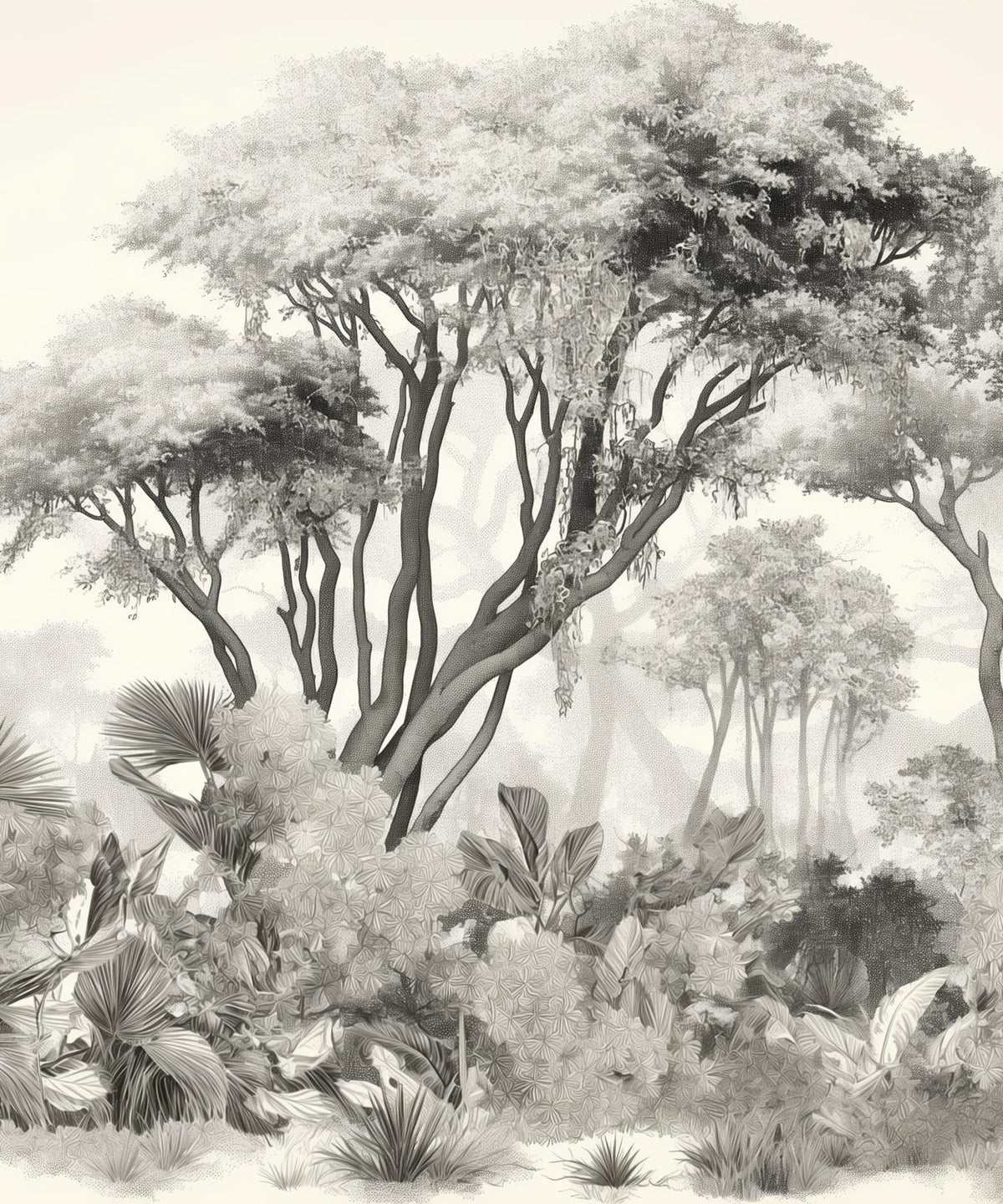Papier peint éléphant forêt noir et blanc