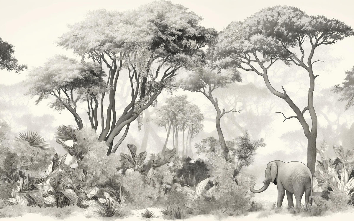 Papier peint éléphant forêt noir et blanc