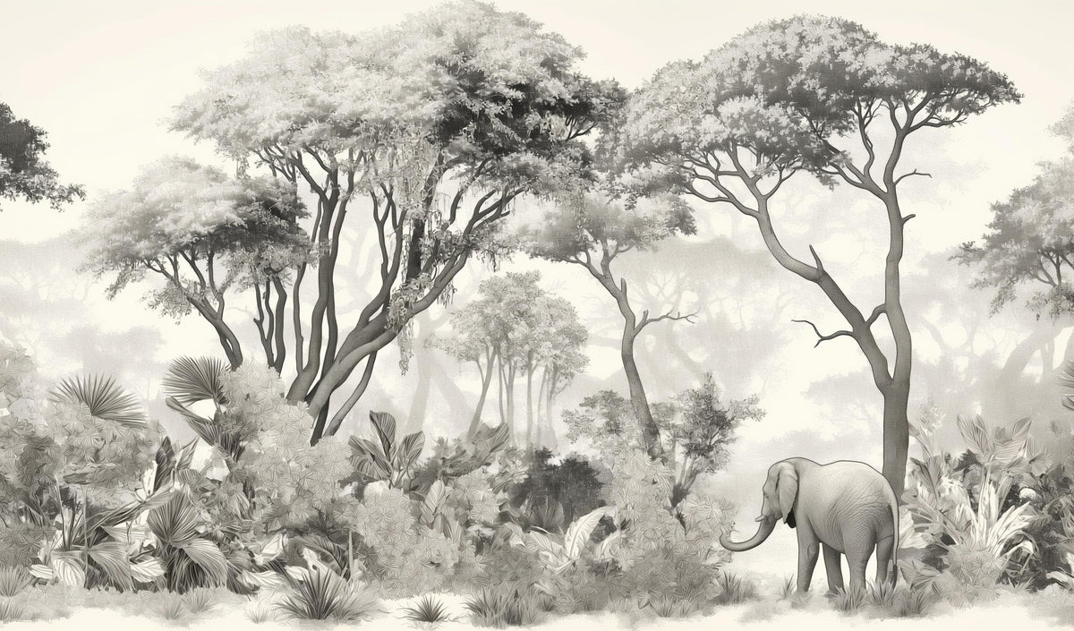 Papier peint éléphant forêt noir et blanc